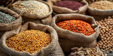 Obraz premium Colorful grains and legumes in burlap sacks arranged for display