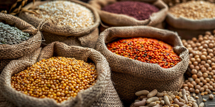 Colorful grains and legumes in burlap sacks arranged for display