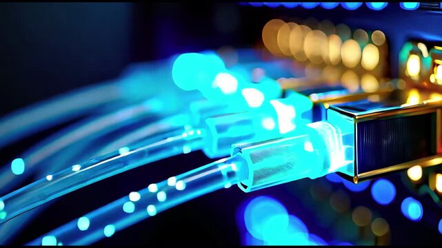 Cinematic extreme macro of glowing neon cyan fiber optic cables injecting data into gold server ports, high-speed network concept