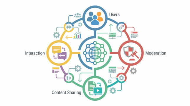 Infographic illustrating Users, Moderation, Interaction, Content Sharing online.