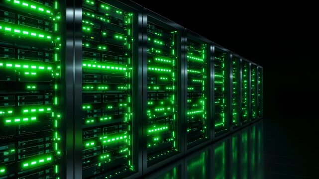 Cinematic view of endless glowing server racks with pulsing green data lights in 4K resolution