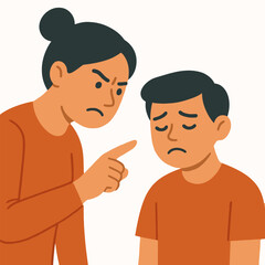 Fototapeta premium A mother sternly scolding her son. Childhood complexes and low self esteem.