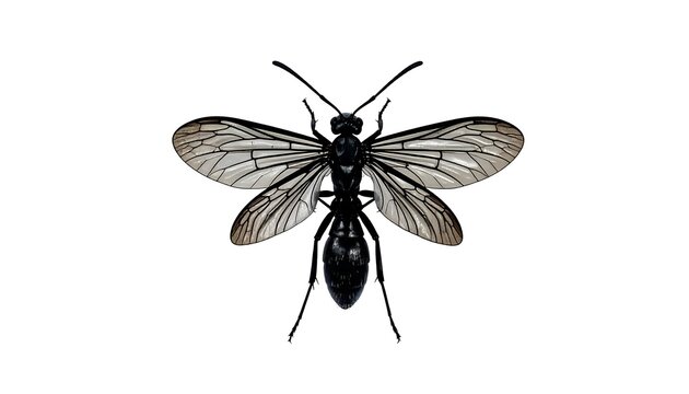 A large black insect with semi-transparent wings spread wide