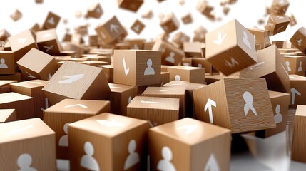 Fototapeta premium Wooden cubes show various icons that symbolize teamwork, direction, and planning in a work environment on a white surface