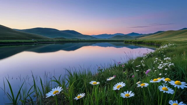 Peaceful twilight lake with gentle breeze rustling grass daisies and glowing fireflies in serene nature landscape