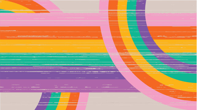 Abstract retro background with distressed rainbow stripes. Vintage 70s groovy geometric pattern with textured colorful lines for nostalgic posters, creative banners, and grunge decor.