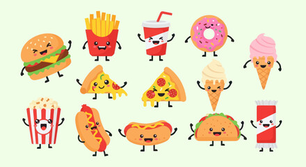 Fototapeta premium Smiling Fast Food and Snack Items: Cute Flat Cartoon Vector Illustration
