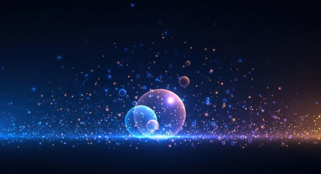 Shining glow particles floating in dark space with vibrant blue and purple orbs