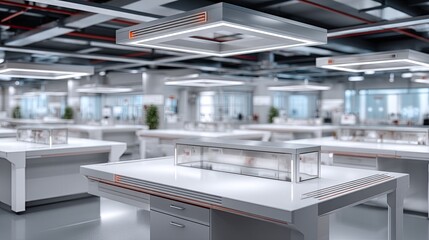 Laboratory features glass containers and scientific tools on a clean surface. The setting is designed for research and experiments