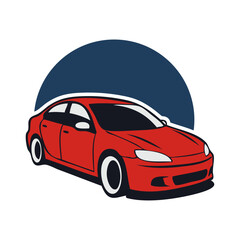 Logo concesionario de coches. Dibujo con líneas de un vehículo de lujo de color rojo en un círculo color azul  © teracreonte
