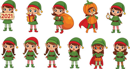 Fototapeta premium Christmas Elf Character Set with 2021 Sign, Gift Bags, Costumes, and Festive Accessories for Holiday, Christmas, and Seasonal Designs