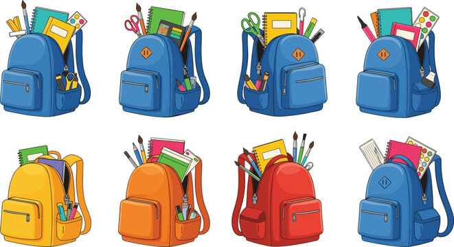 chool Backpack Illustration Set with Colorful Designs, Books, Pens, and School Supplies for Education, Back to School, and Classroom Graphics