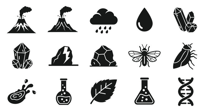 Black  White Science Glyph Icons Set: Nature, Lab, Biology, Chemistry  Geology Symbols