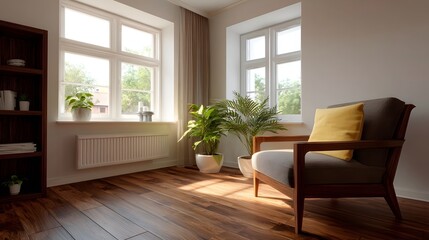 Fototapeta premium A sunlit cozy living room featuring wooden floors plants and a comfortable armchair
