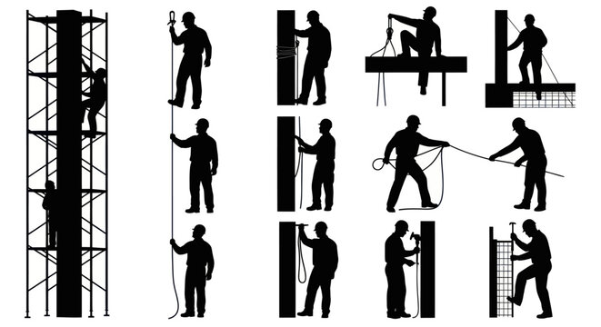 Construction Workers Vector Silhouettes: Building, Scaffolding  Rope Tasks Set