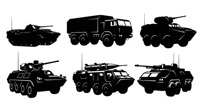 Defense Military Combat Vehicles Silhouette Vector Art Set: Tanks, APCs, Trucks, Missile Launcher