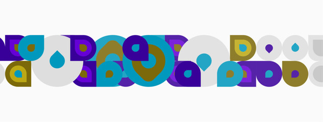 Fototapeta premium Abstract geometric pattern. Circles, squares, rectangles overlap. Blue, purple, gold, teal colors dominate design. Minimalist style.