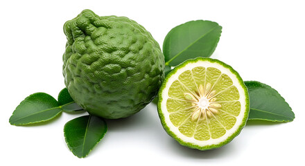Fototapeta premium Fresh bergamot fruit with leaves and slice on white background for aromatic citrus and herbal cooking concept
