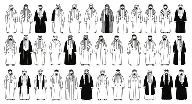 Diverse depictions of traditional Arab attire, showcasing cultural heritage and fashion.