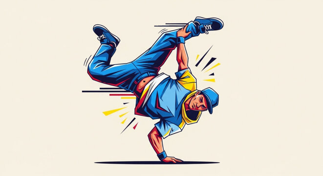 Young man performing dynamic breakdancing move spinning on one hand with vibrant motion lines blue and yellow outfit on beige background
