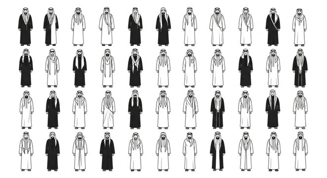 Diverse group of Arab men in traditional attire, standing together.