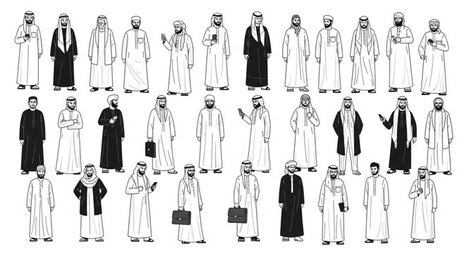 Diverse Group of Arab Men in Traditional Attire, Standing Together.