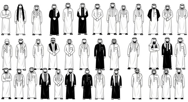 Diverse group of Arab men in traditional attire, standing together.
