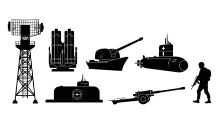 Black White Silhouette Vector Icons: Military Soldier, Radar, Submarine, Warship, Artillery, Missile