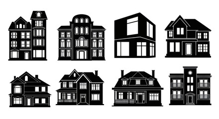 Fototapeta premium Real Estate Housing Buildings Black Silhouette Glyph Vector Icons Set