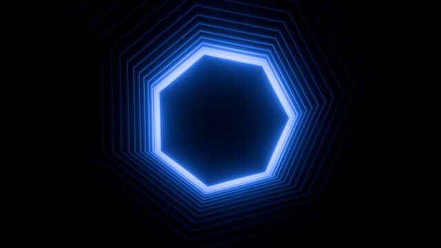 Abstract Blue Glowing Hexagonal Tunnel Background, Futuristic Neon Light Portal with Dark Shadows