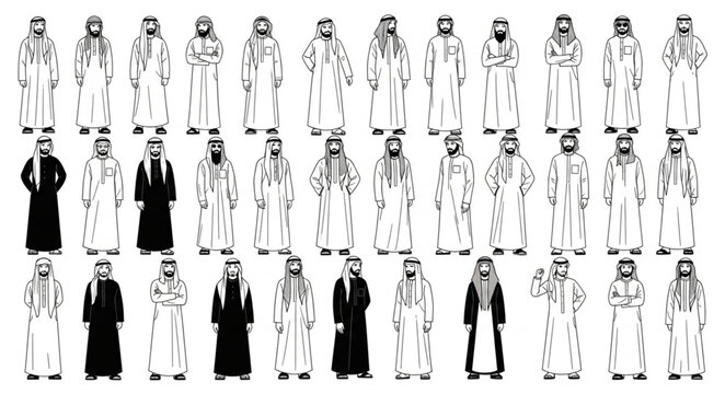 Diverse group of Arab men in traditional attire, standing together.