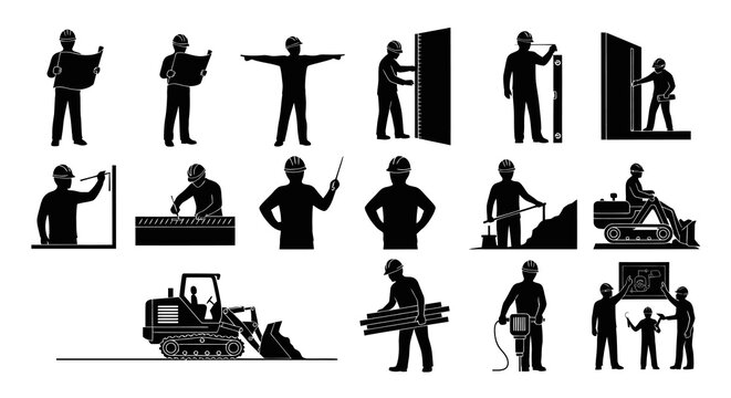 Construction Workers Silhouettes Icon Set: Building, Engineering, and Labor Glyphs