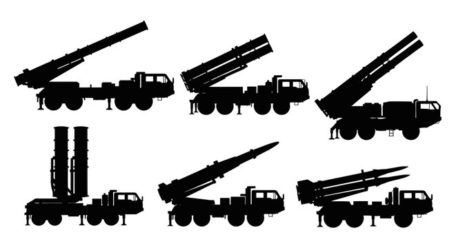 Military Missile and Rocket Launcher Systems Vector Silhouettes Set