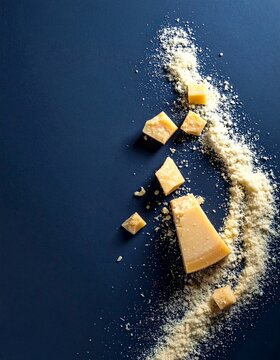 Top View of Parmesan Cheese and Grated Cheese on Dark Blue Background