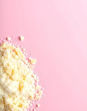 White Chocolate Crumbs and Powder on Pink Background