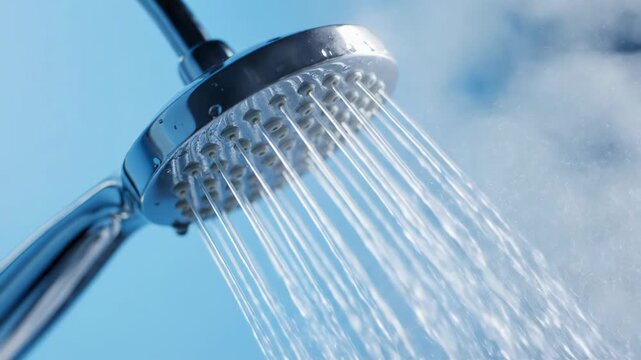 Close up of water spraying from a chrome shower head