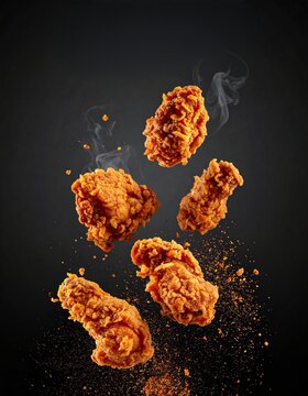 Floating Crispy Fried Chicken Pieces with Steam and Spices