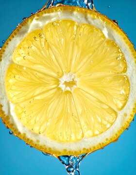Closeup of Lemon Slice with Water Splash on Blue Background
