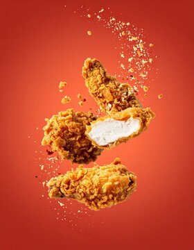 Floating Crispy Fried Chicken with Cutaway Piece on Red Background