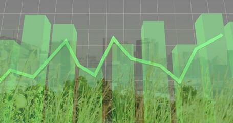 Fototapeta premium Displaying translucent green 3D bar chart with neon line over grassy foreground, grey grid skyline