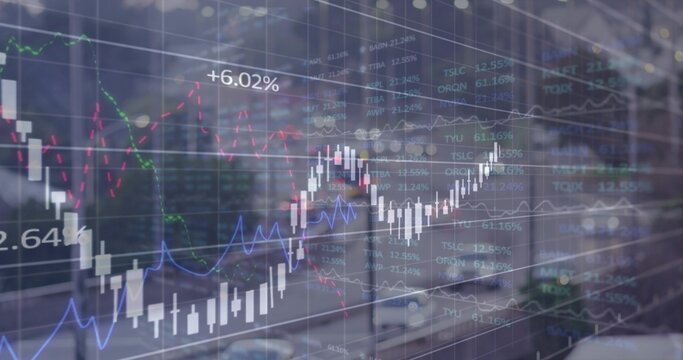 Displaying foreground candlestick chart and line graphs over modern office glass, with +6