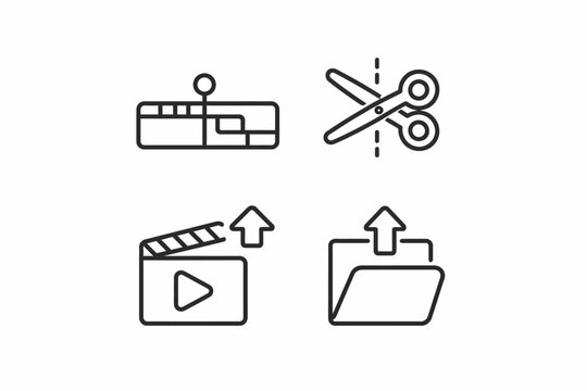 Video editing icons: cut, upload, trim, and export symbols