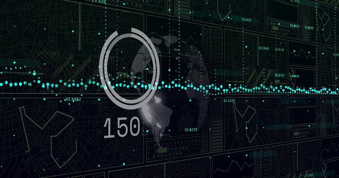 Displaying stylized globe overlaying concentric gauge on dark dashboard, showing 150 and cyan axis