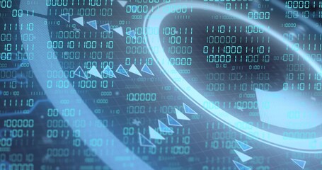 Naklejka premium Displaying glossy circular ring on right at virtual HUD, showing binary matrix and chevron icons