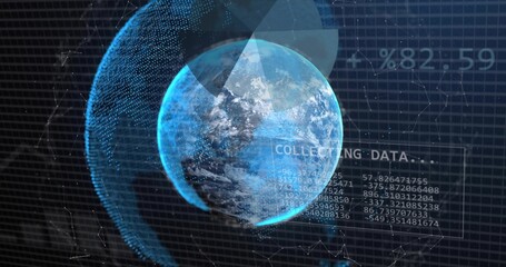 Fototapeta premium Rotating Earth globe showing data on console, with wireframe hemisphere, rings, COLLECTING DATA