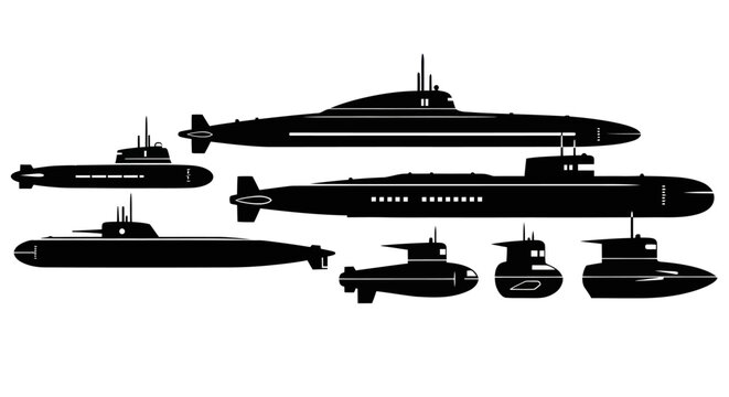Naval Military Submarines Silhouette Icons Set - Underwater Vessels Vector Art