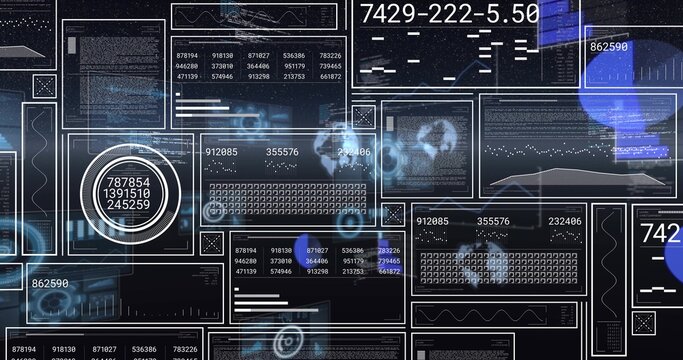 Showing data dashboard filling center of virtual UI, circular gauge, globe, matrix, blue flares
