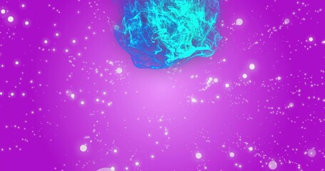 Fototapeta premium Drifting cyan-teal nebula glowing above magenta gradient with white particles, bokeh in digital art