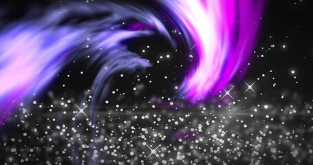 Fototapeta premium Glowing magenta aurora ribbon flowing in space, with blue-violet swirl, bokeh, star flares, shimmer