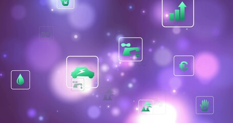 Fototapeta premium Floating translucent tiles showing green icons with electric car lightning bolt over purple bokeh